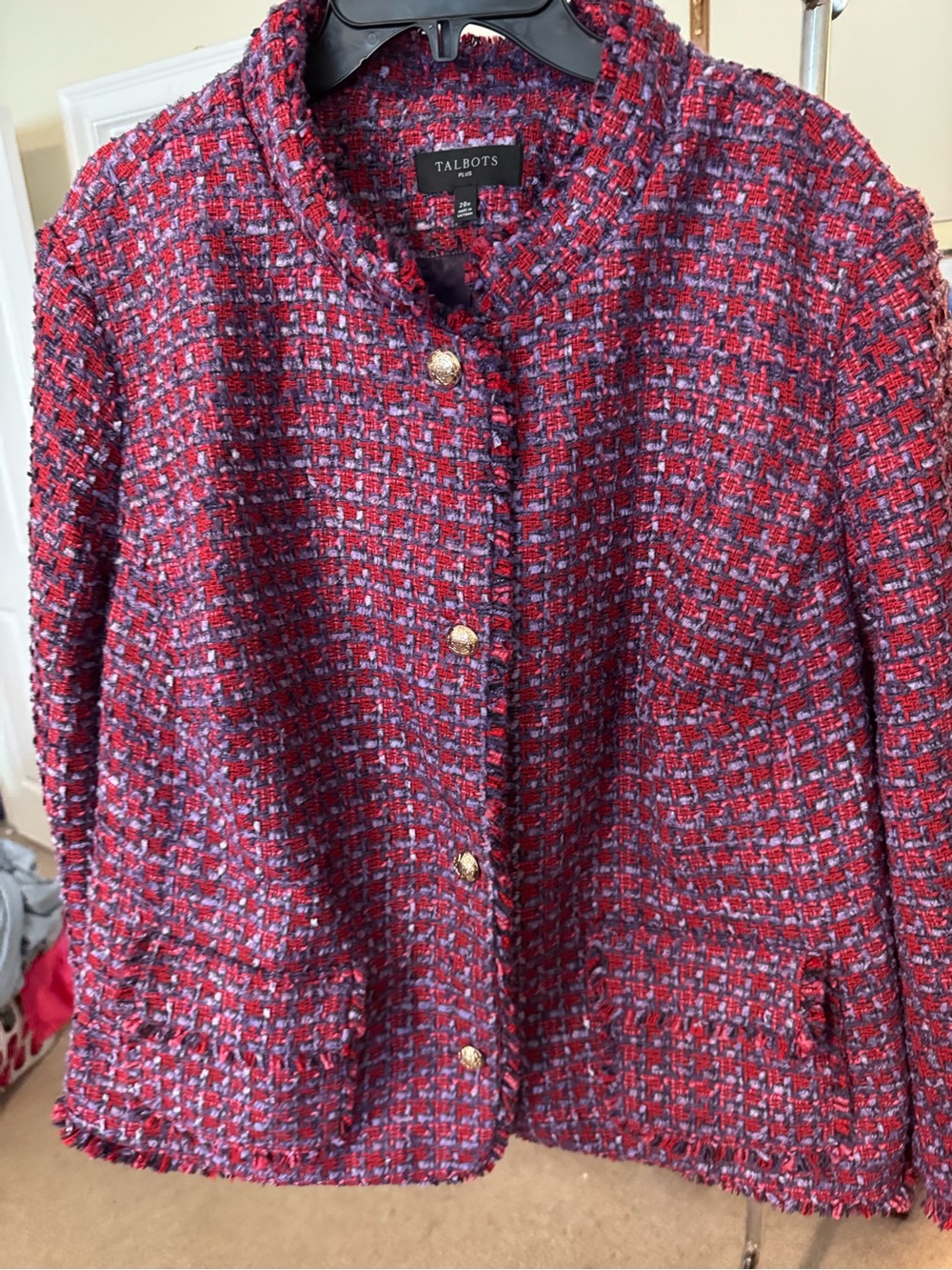 Talbots Red Tweed Collarless Button Jacket with Gold Buttons